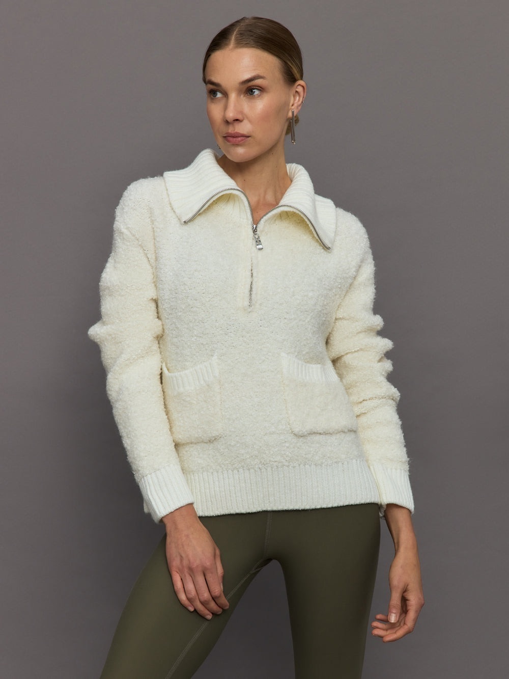 Carbon38 Half Zip Boucle Pullover Oversized Sweater 1/2 Zip Textured Knit Cream